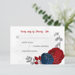 red & navy blue flowers silver botanical wedding RSVP card