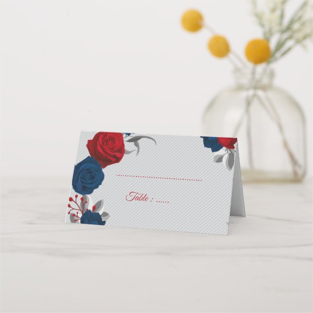 red & navy blue flowers silver leaves grey place card (Front)