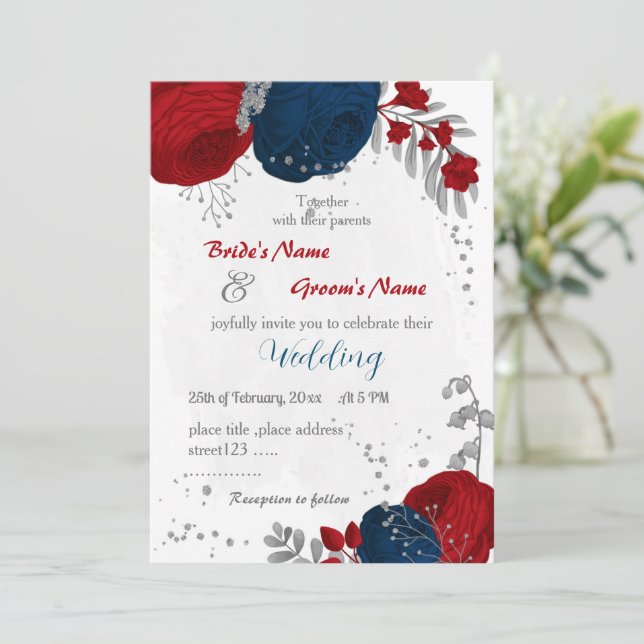 red & navy blue flowers silver leaves wedding invitation (Standing Front)