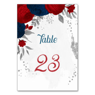 red & navy blue flowers silver leaves wedding table number
