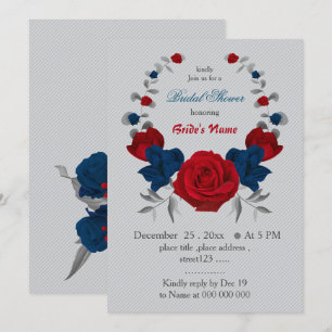 red & navy blue flowers wreath bridal shower invitation