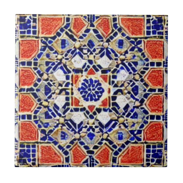 Red navy blue geometric art moroccan mosaic design tile (Front)