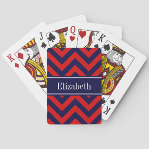 Red, Navy Blue LG Chevron Navy Blue Name Monogram Playing Cards