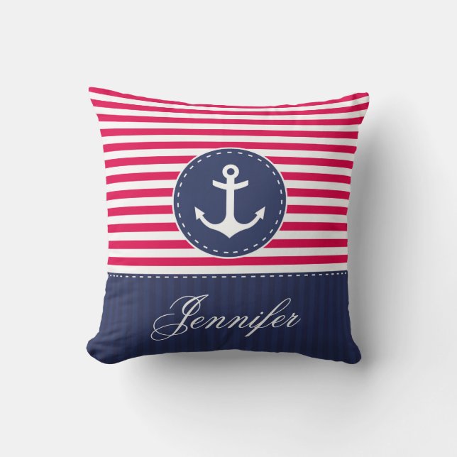 Red Navy Blue Nautical Anchor Design Custom Name Cushion (Front)