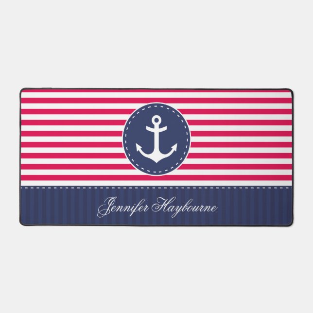 Red Navy Blue Nautical Anchor Design Custom Name Desk Mat (Front)