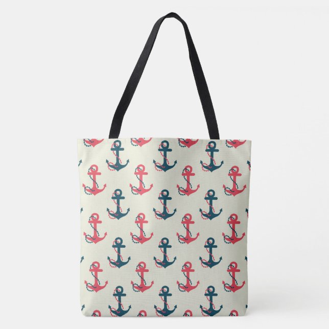 Red & Navy Blue Nautical Anchor Large Tote Bag (Front)