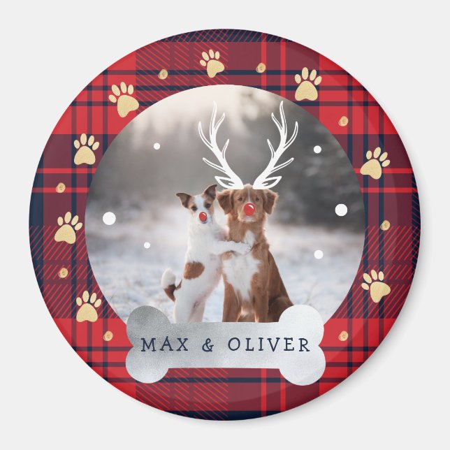 Red & Navy Blue Plaid & Gold Paw Print Pet Photo Magnet (Front)