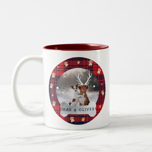 Red & Navy Blue Plaid & Gold Paw Print Pet Photo Two-Tone Coffee Mug (Left)