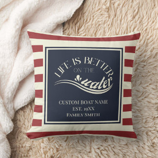 Red navy blue striped boat name cushion