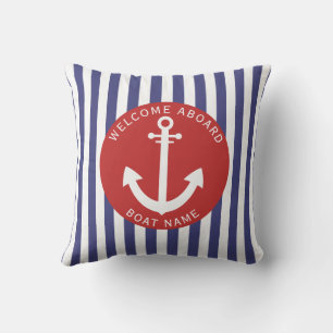 Red Navy Blue Stripes Boat Name Anchor Nautical  Cushion