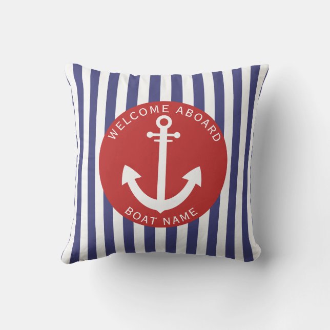 Red Navy Blue Stripes Boat Name Anchor Nautical  Cushion (Back)