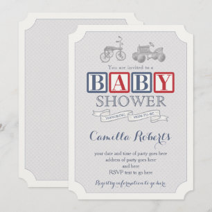 Red Navy Blue Vintage Toys Nursery Boy Baby Shower Invitation