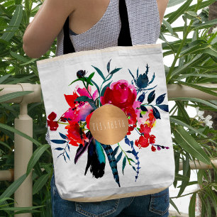 Red navy boho bouquet copper monogram trendy tote bag