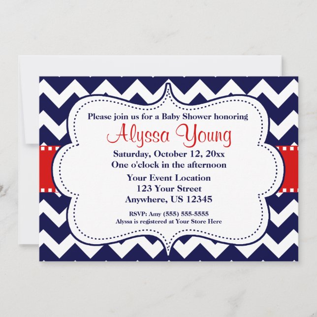 Red Navy Chevron Invitation (Front)