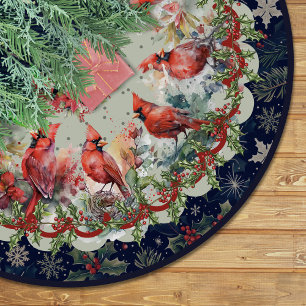 Red navy festive cardinals floral christmas custom brushed polyester tree skirt