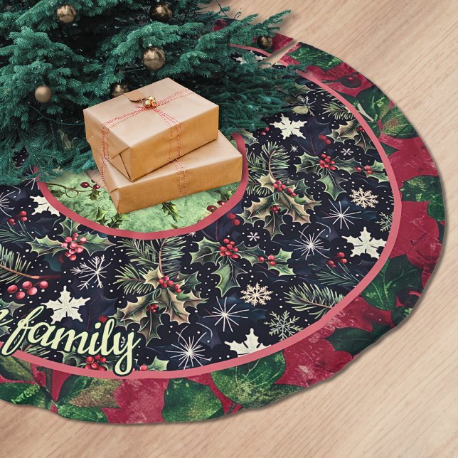 Red navy festive floral christmas pattern custom brushed polyester tree skirt (Creator Uploaded)