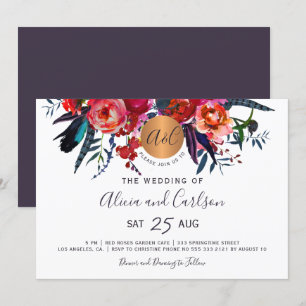 Red navy floral boho chic monogrammed wedding invitation