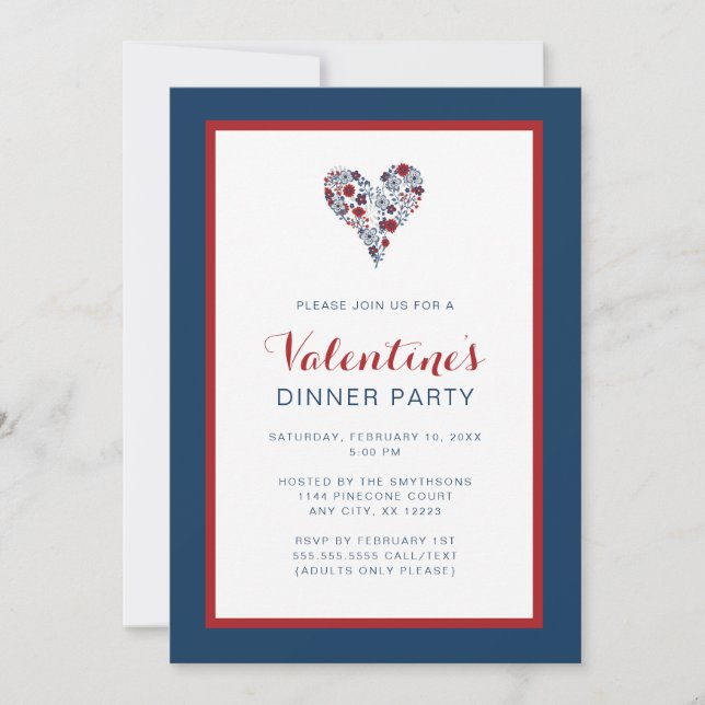 Red Navy Floral Heart Valentine's Day Dinner Party Invitation (Front)