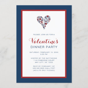 Red Navy Floral Heart Valentine's Day Dinner Party Invitation