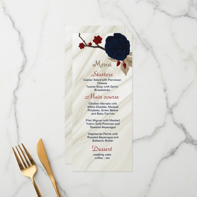 red & navy flowers beautiful wedding menu (Front/Back In Situ)
