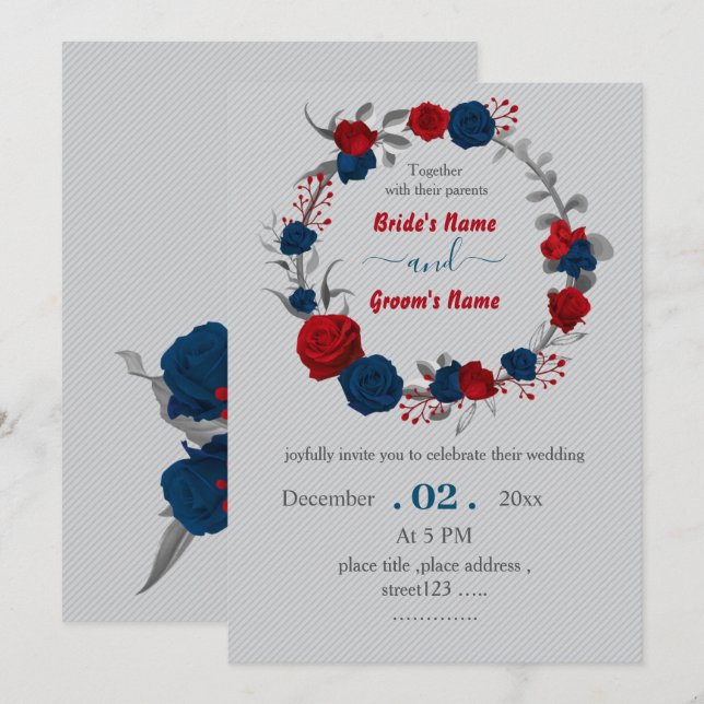 red & navy flowers botanical wreath wedding invitation (Front/Back)