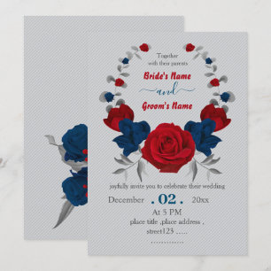 red & navy flowers botanical wreath wedding invitation