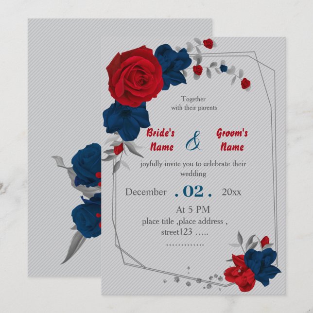 red & navy flowers geometric wedding invitation (Front/Back)
