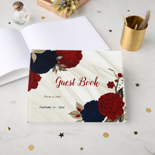 red & navy flowers grey botanical marble guest book