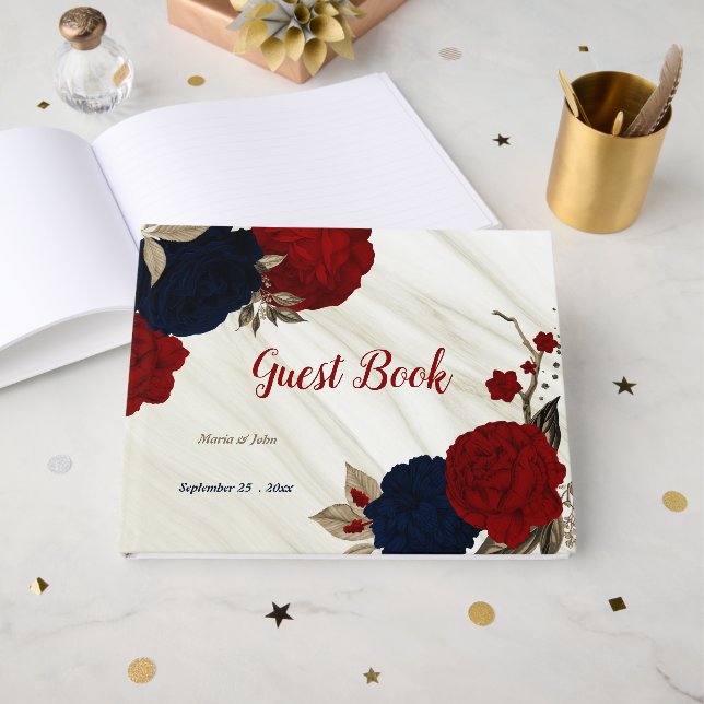red & navy flowers grey botanical marble  guest book (Front Open)