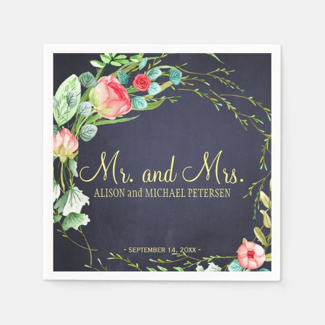 Red navy garden roses mr and mrs wedding napkin (Front)