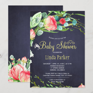 Red navy garden roses wreath elegant baby shower invitation