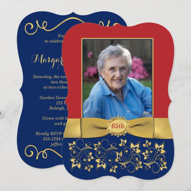Red, Navy, Gold 65th Photo Birthday Invitation 2 (Front/Back)