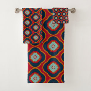 Red Navy Gold Retro Geometric Bold Pattern Bath Towel Set