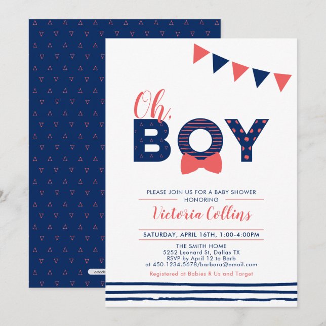 Red & Navy | Modern Typography Boy Baby Shower Invitation (Front/Back)