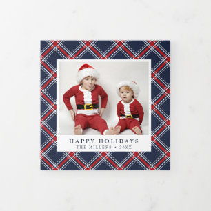 Red Navy Plaid Christmas Trifold Photo Card