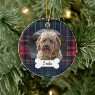 Red Navy Plaid Custom Pet Puppy Dog Photo Ceramic Tree Decoration