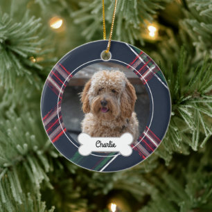 Red Navy Plaid Custom Pet Puppy Dog Photo Ceramic Tree Decoration