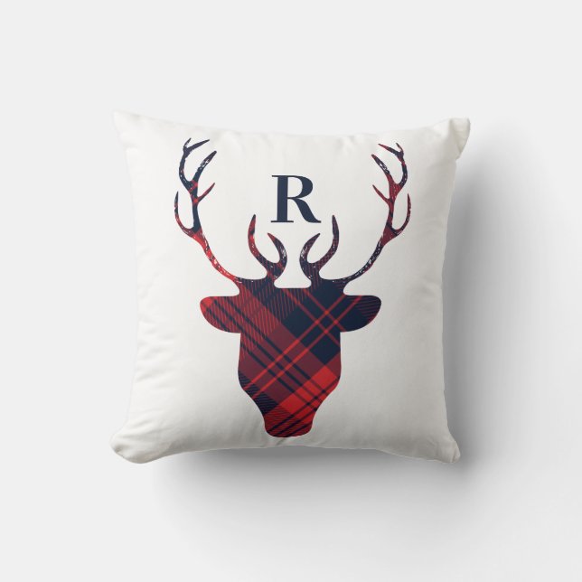 Red & Navy Plaid Reindeer Head Monogram Christmas Cushion (Front)