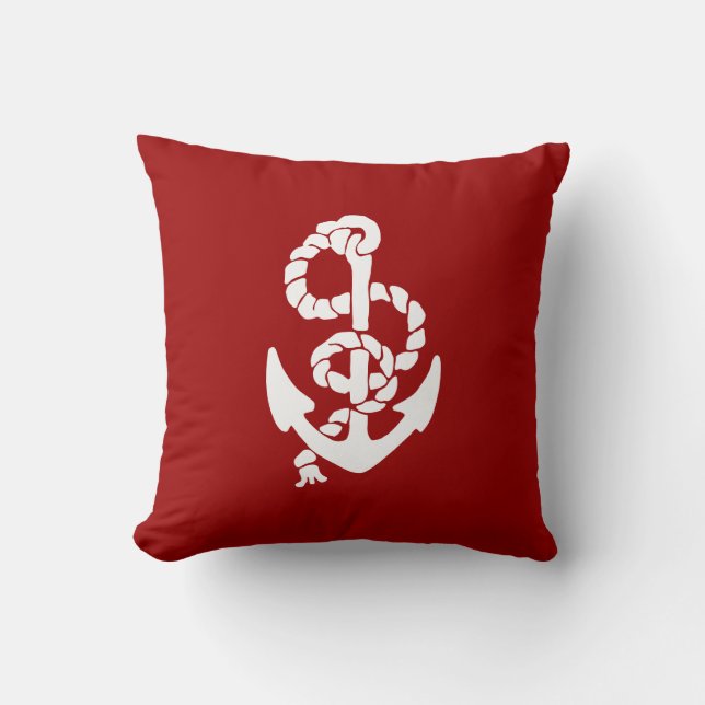 Red Navy Reversible Anchor Nautical Throw Pillow (Front)