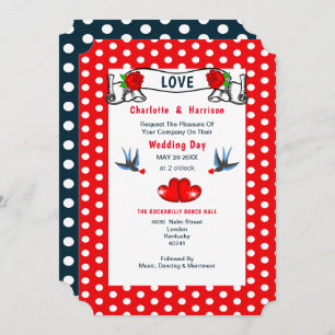 Red Navy Rockabilly Polka Dot Wedding Invitation