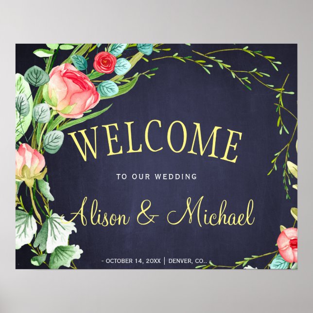 Red navy roses garden wedding welcome sign (Front)