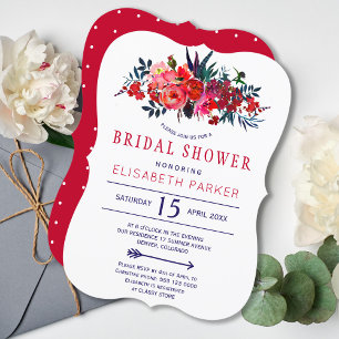 Red navy rustic bohemian floral bridal shower invitation