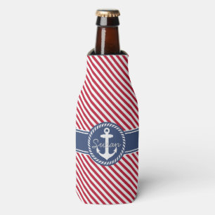 Red & Navy Stripes Nautical Anchor Monogram Bottle Cooler