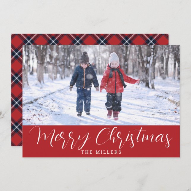 Red Navy Tartan Photo Card for Christmas Holidays (Front/Back)
