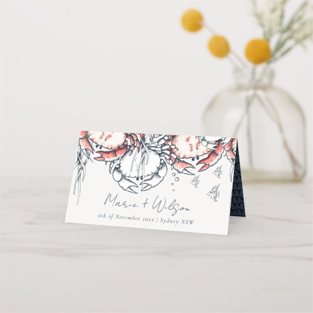 Red Navy Underwater Crab Coral Nautical Wedding Place Card (Front)