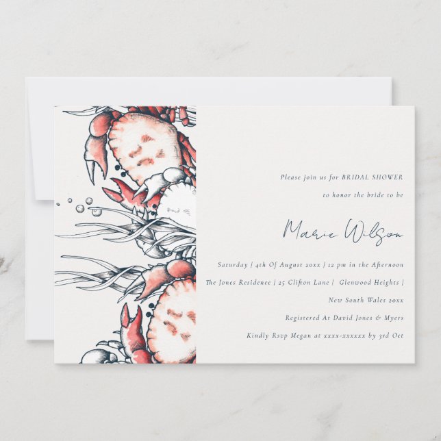 Red Navy Underwater Crab Nautical Bridal Shower Invitation (Front)