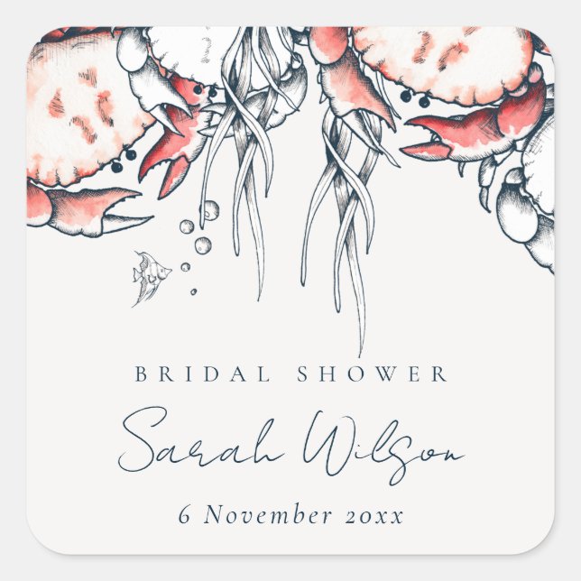 Red Navy Underwater Crab Nautical Bridal Shower Square Sticker (Front)