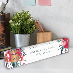 Red navy watercolor floral gold copper monogrammed nameplate