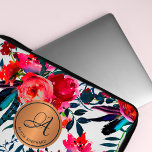 Red Navy Watercolor Floral Pattern Copper Monogram Laptop Sleeve<br><div class="desc">Romantic glam feminine laptop sleeve with spring and summer watercolor red, coral, burnt orange, dark midnight blue and green hand painted blooms, feathers and foliage. Personalise it with your monogram and name inside the metallic copper circle with an elegant editable script calligraphy typeface! It can be a very nice personalised...</div>