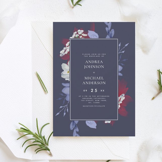 Red & Navy Watercolor Floral Simple Dark Wedding Invitation (Creator Uploaded)